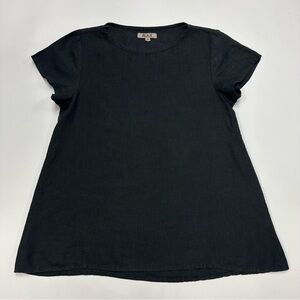 FLAX solid black linen round neck short cap sleeve top Small minimalist